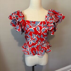 THML Red and Blue Ruffled Cap Sleeve Blouse